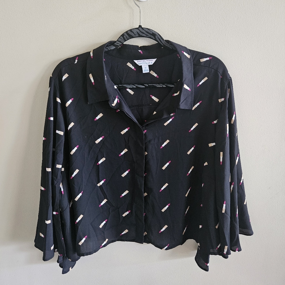Ashley Nell Tipton Lipstick Cape Button Up Blouse